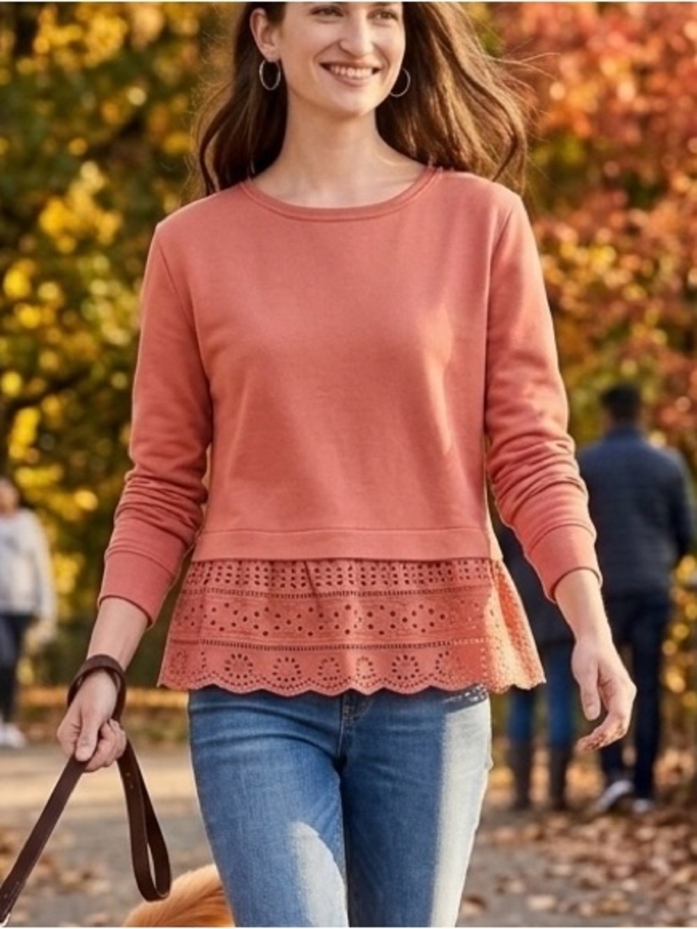 JCrew Dusty Rose Eyelet Scallop Hem Mixed Media Sweatshirt Sweater Small S